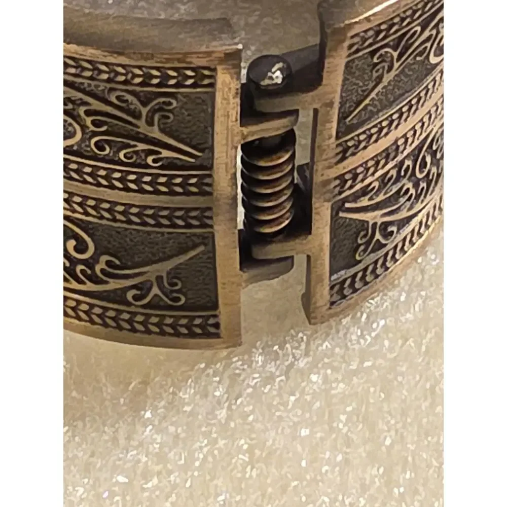 Vintage Indian Ornate Etched Brass Wide Cuff Bracelet Stamped Floral Hinge Clasp